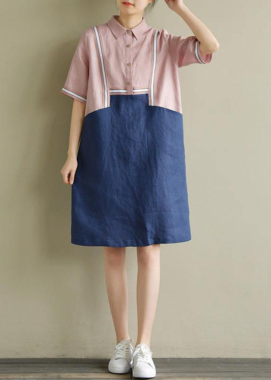 Pink Patchwork Blue Linen Robes Lapel Shift Summer Dress