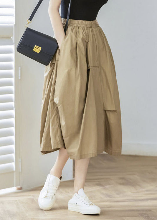 Khaki Pockets Elastic Waist Cotton Skirt Spring