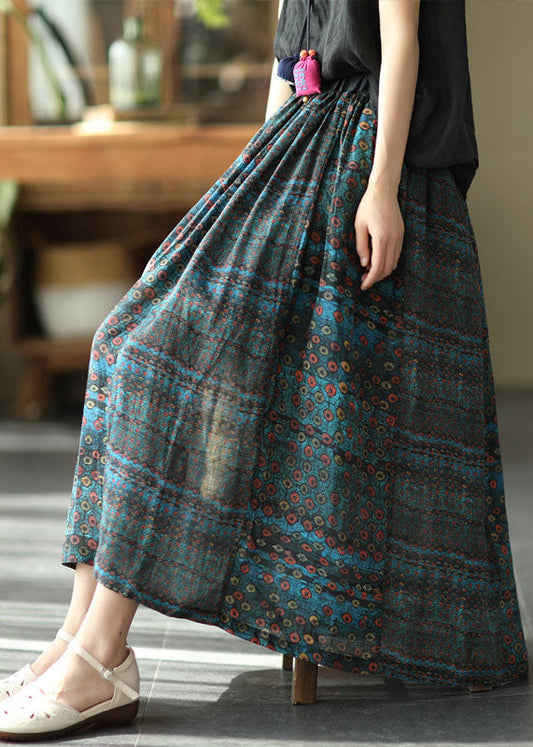 Blue Elastic Waist Print Patchwork Linen Skirts Summer