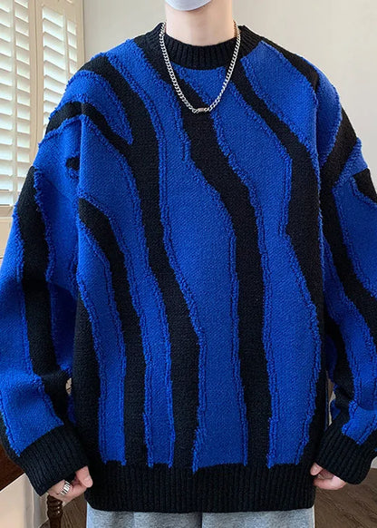 Blue Cozy Patchwork Knit Sweaters Pullover O Neck Winter