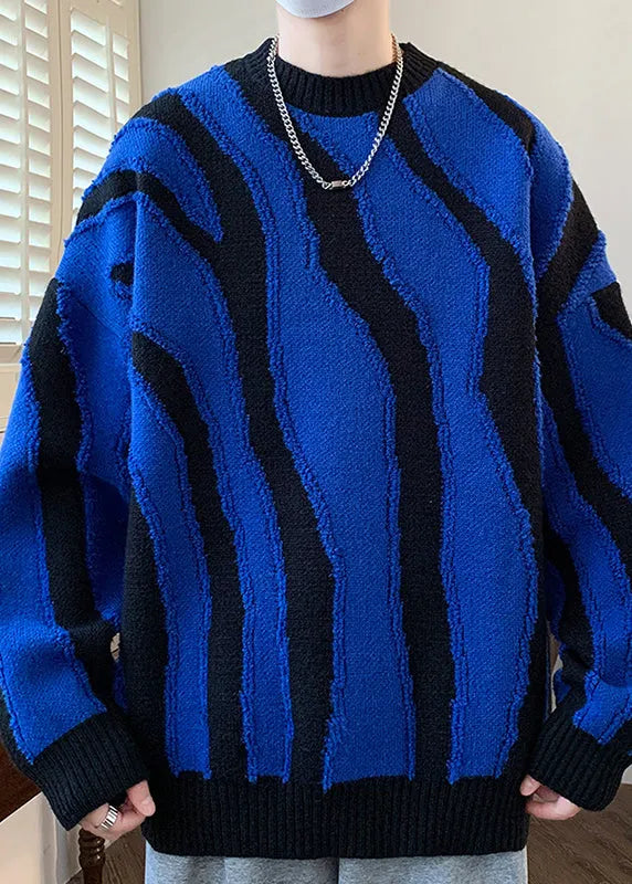 Blue Cozy Patchwork Knit Sweaters Pullover O Neck Winter