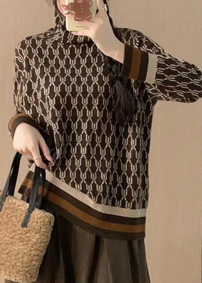 Coffee Striped Print Patchwork Woolen Sweaters Fall