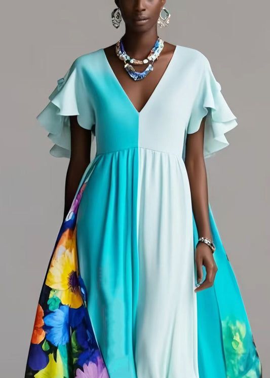 Blue Exra Large Hem Patchwork Silk Vestidos Dress Petal Sleeve