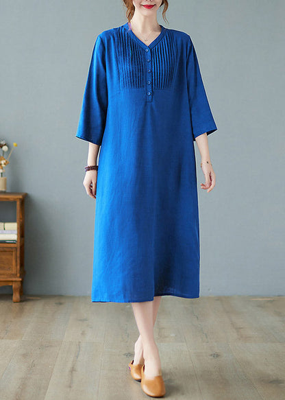 Blue Wrinkled Linen Long Dresses Half Sleeve