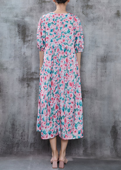 French Pink Print Cotton Long Dress Summer