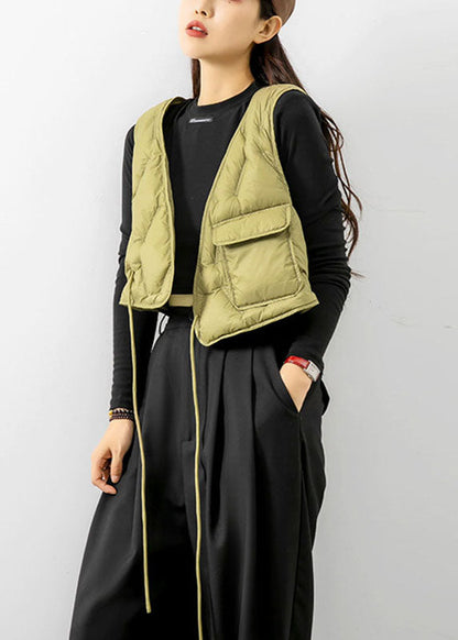 Light Green V Neck Tie Waist Winter Sleeveless Down Vest