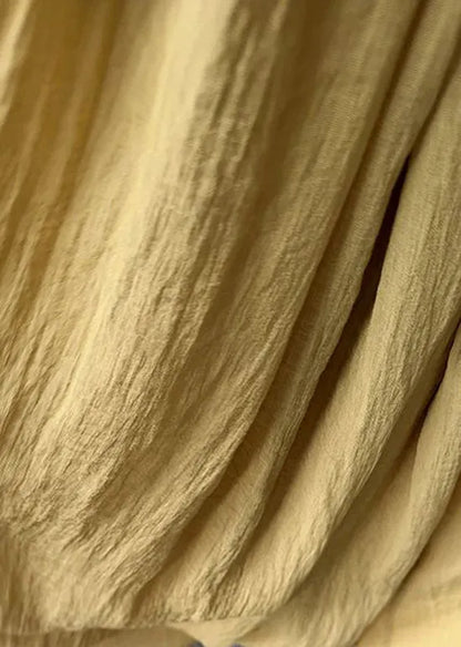 French Yellow O-neck Wrinkled Cotton Long Dress Sleeveless