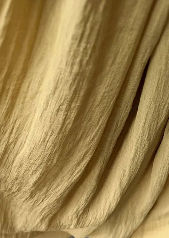French Yellow O-neck Wrinkled Cotton Long Dress Sleeveless