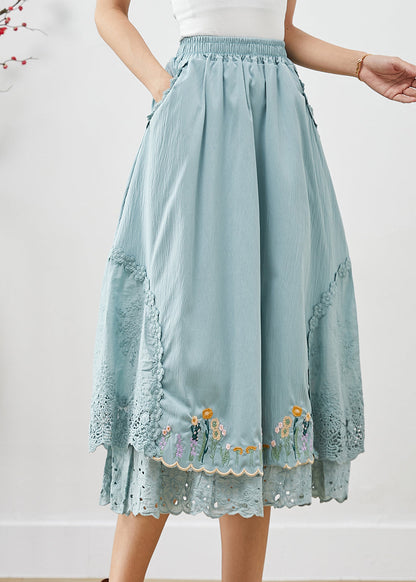 Natural Sky Blue Embroidered Patchwork Cotton Skirt Fall