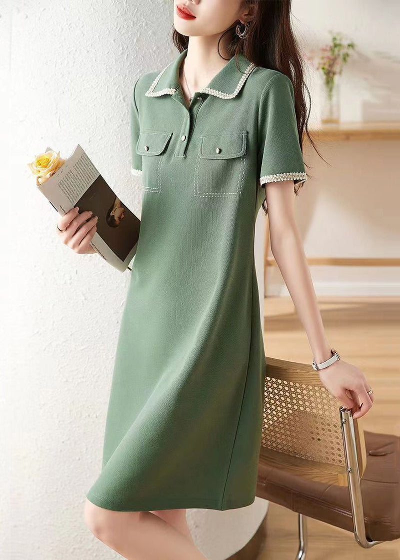 Green Peter Pan Collar Button Patchwork Cotton Dress Summer