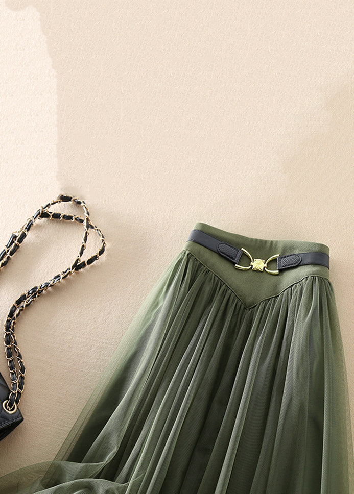 Green Wrinkled Elastic Waist Patchwork Tulle Skirts Fall