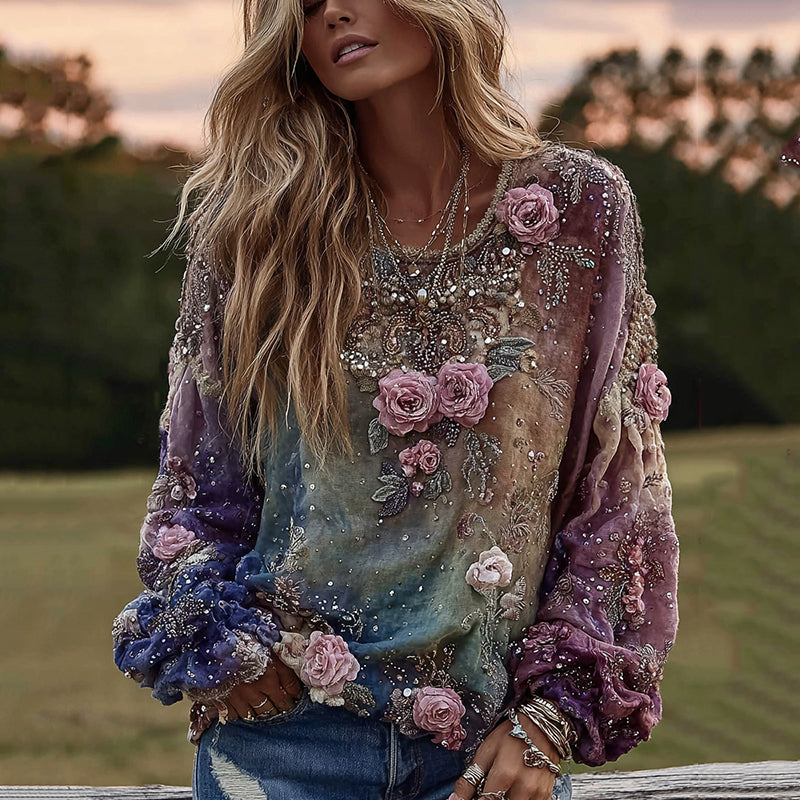 Tie-dye Rose Embroidered Sequined Round Collar Long-sleeved T-shirt elevenforest