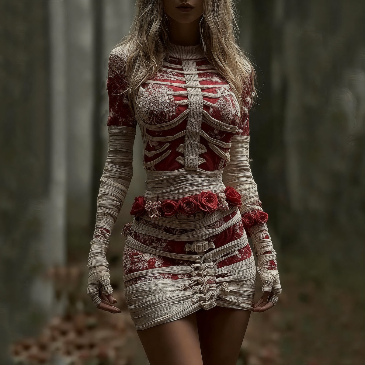 Women's Vintage Red Rose Skeleton Art Knit Mini Sweater Dress artswardrobe