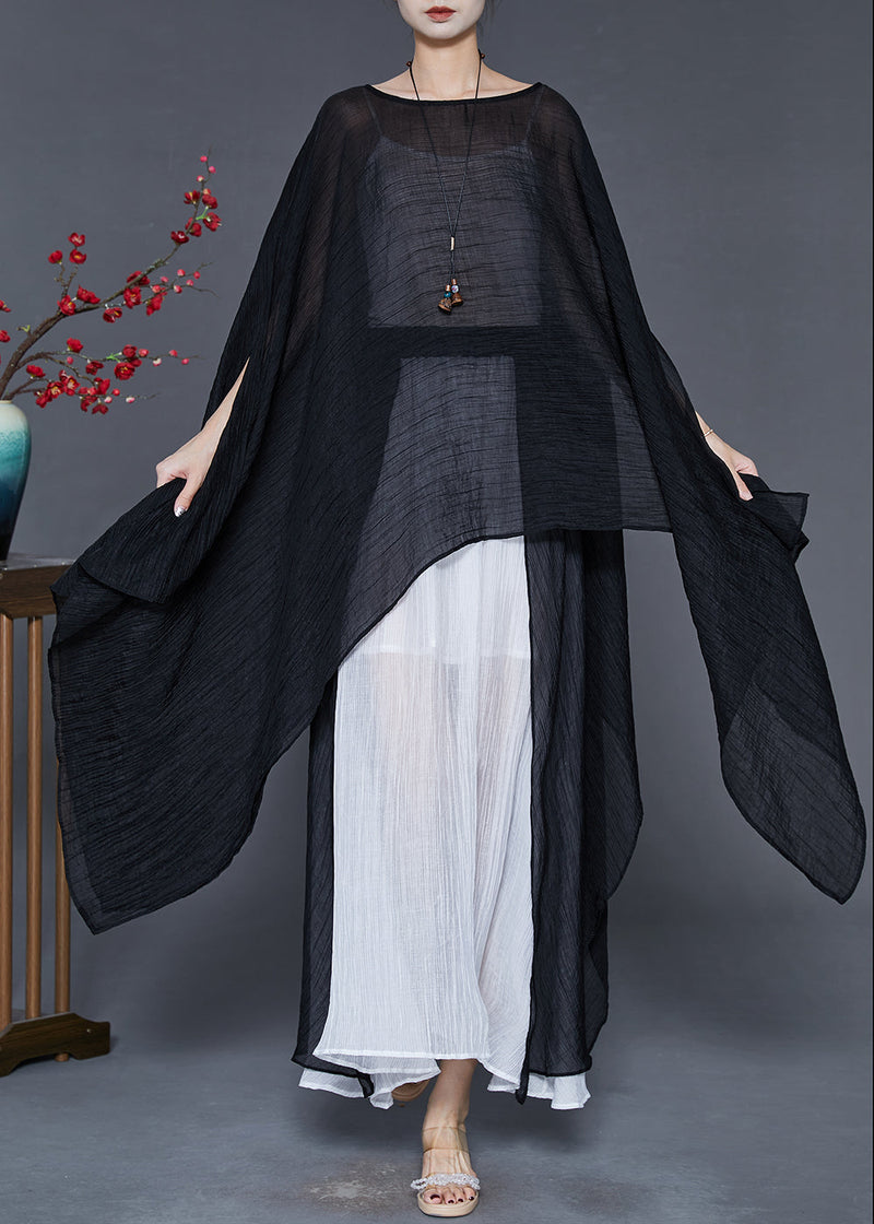 Black Asymmetrical Design Chiffon Long Tops Summer