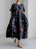 Traditional Colorful Dragonfly Japanese Art Linen Blend Maxi Dress