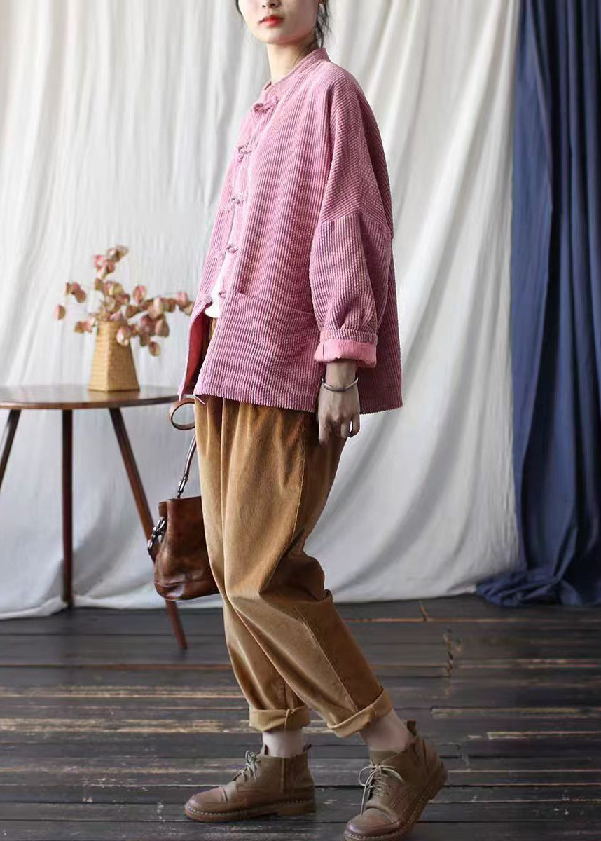 Pink Stand Collar Pockets Corduroy Jackets Spring