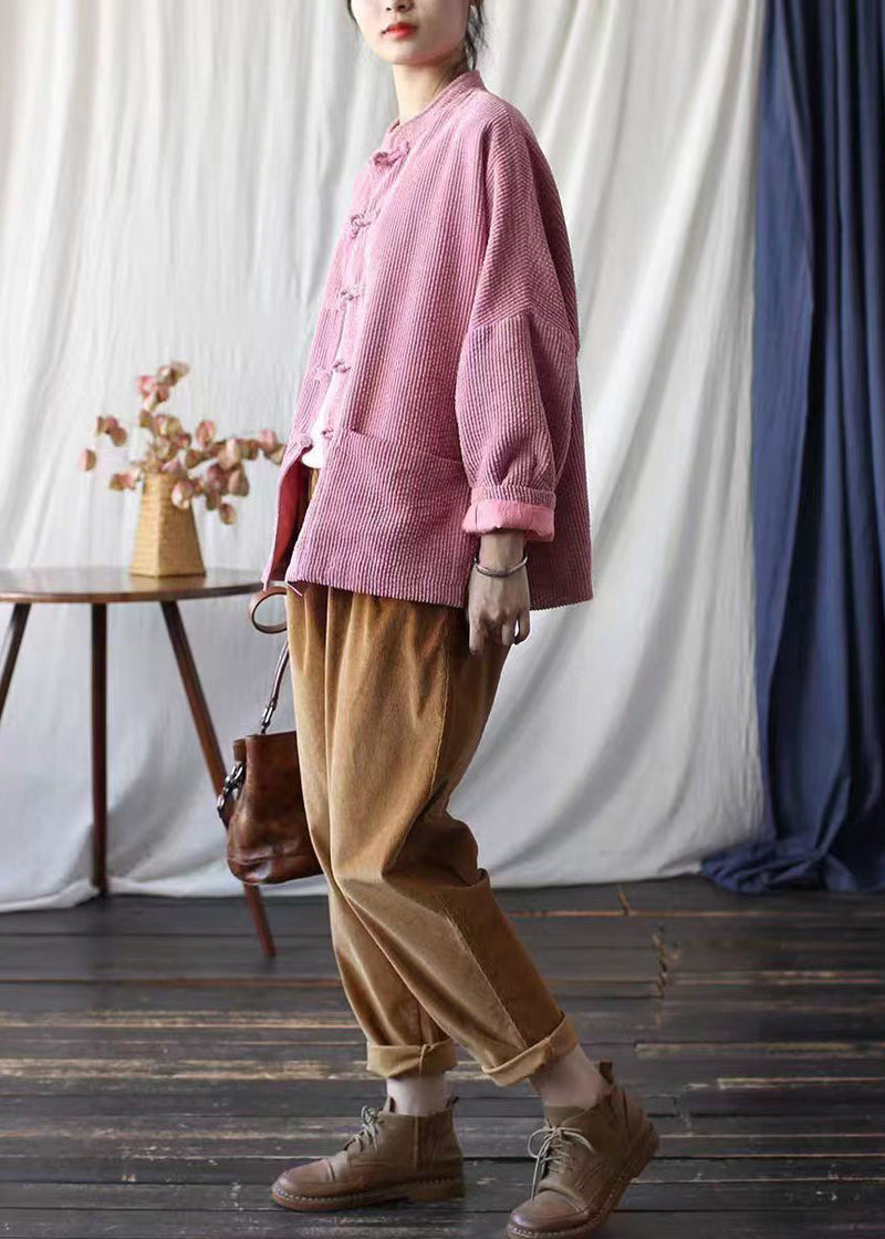 Pink Stand Collar Pockets Corduroy Jackets Spring