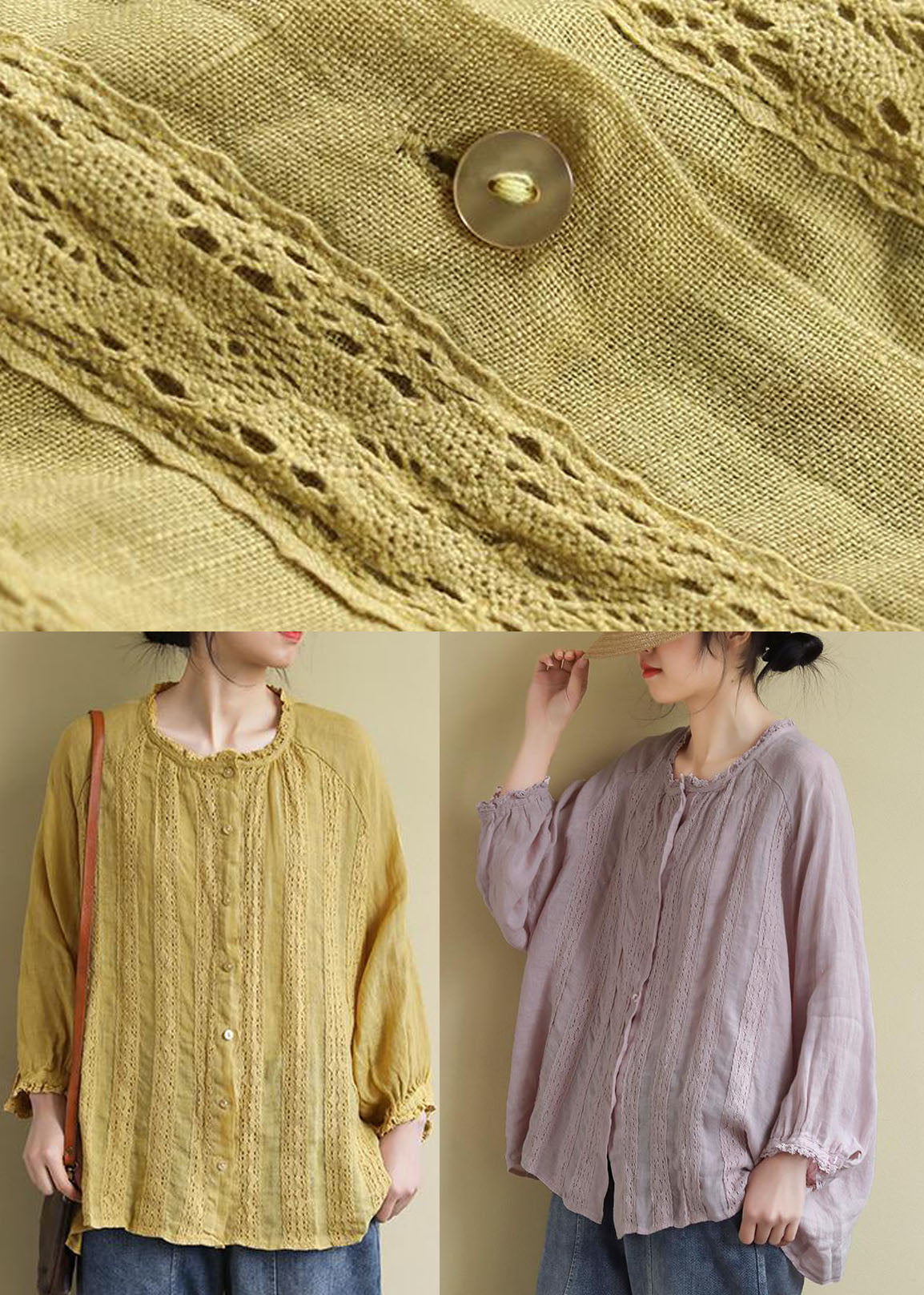 Yellow Button Embroidered Linen Shirts Long Sleeve