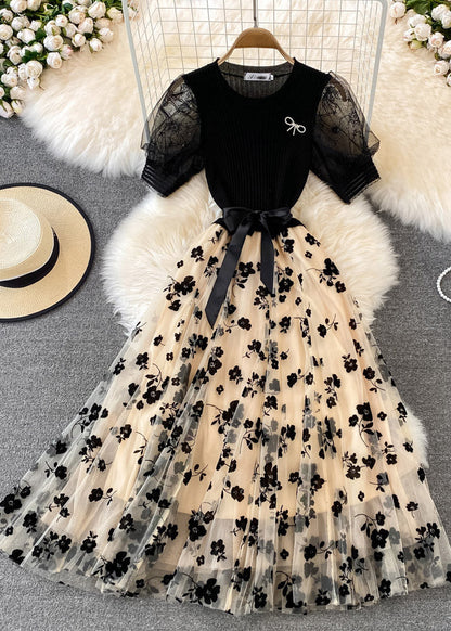 Apricot O-neck Embroidered Bow Tie Waist Knit Patchwork Tulle Maxi Dress Short Sleeve