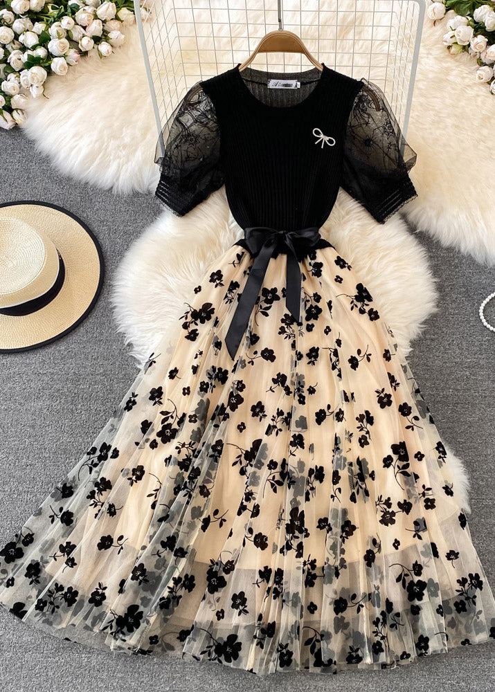 Apricot O-neck Embroidered Bow Tie Waist Knit Patchwork Tulle Maxi Dress Short Sleeve