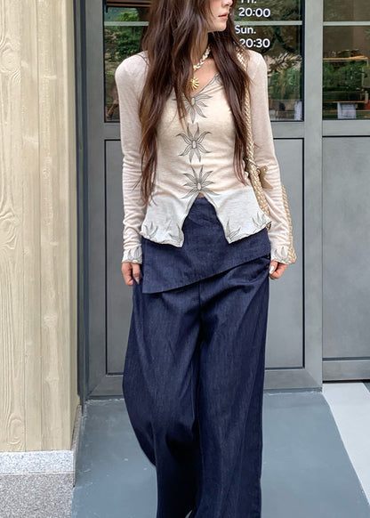 Beige V Neck Embroidered Cotton Top Fall