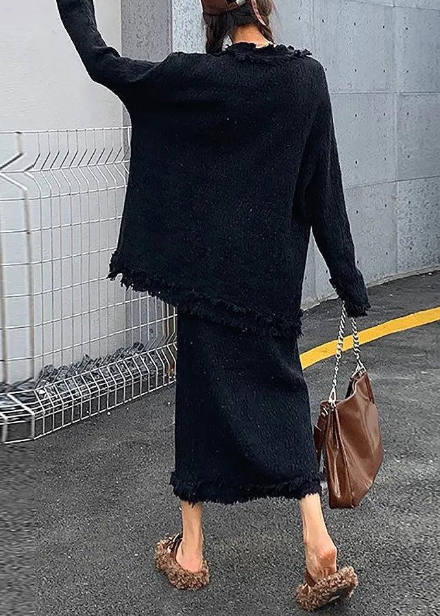 Black V Neck Knit Cardigans and Skirts Two Piece Set Winter
