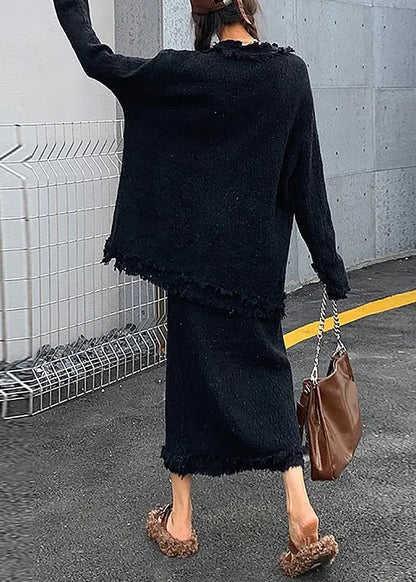 Black V Neck Knit Cardigans and Skirts Two Piece Set Winter