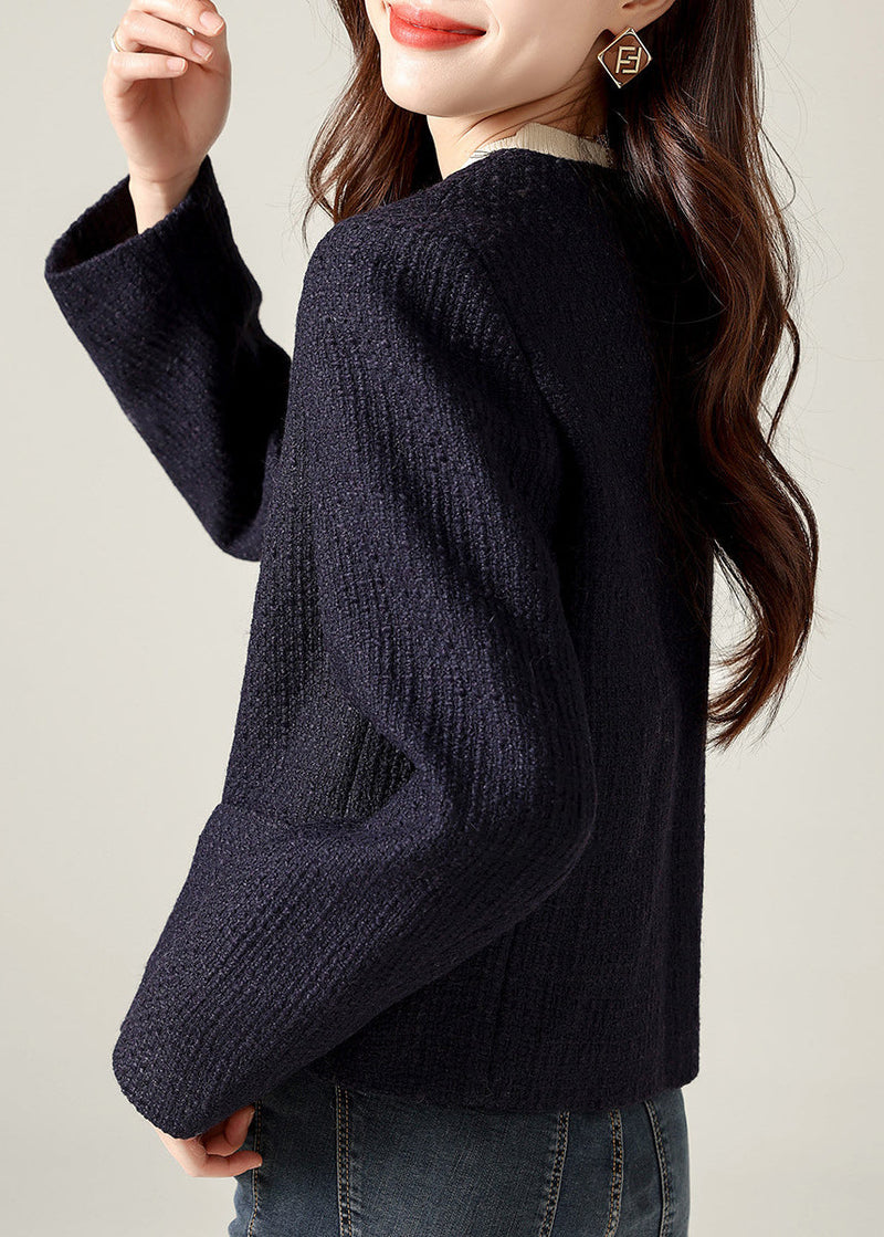 Black O Neck Double Breast Patchwork Cotton Coats Fall