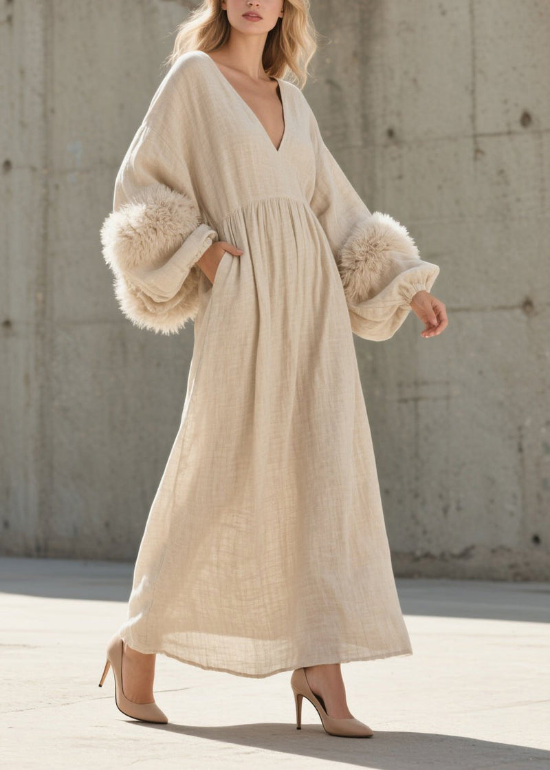 White V Neck Patchwork Faux Fur Ankle Dress Lantern Sleeve