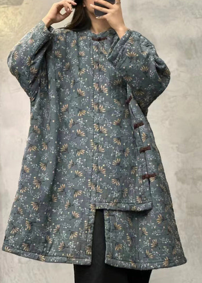 Orange Stand Collar Print Chinese Button Fine Cotton Filled Coats Winter