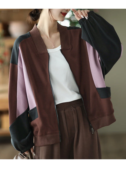 Retro Color-blocking Loose Long-sleeved Literary Jacket