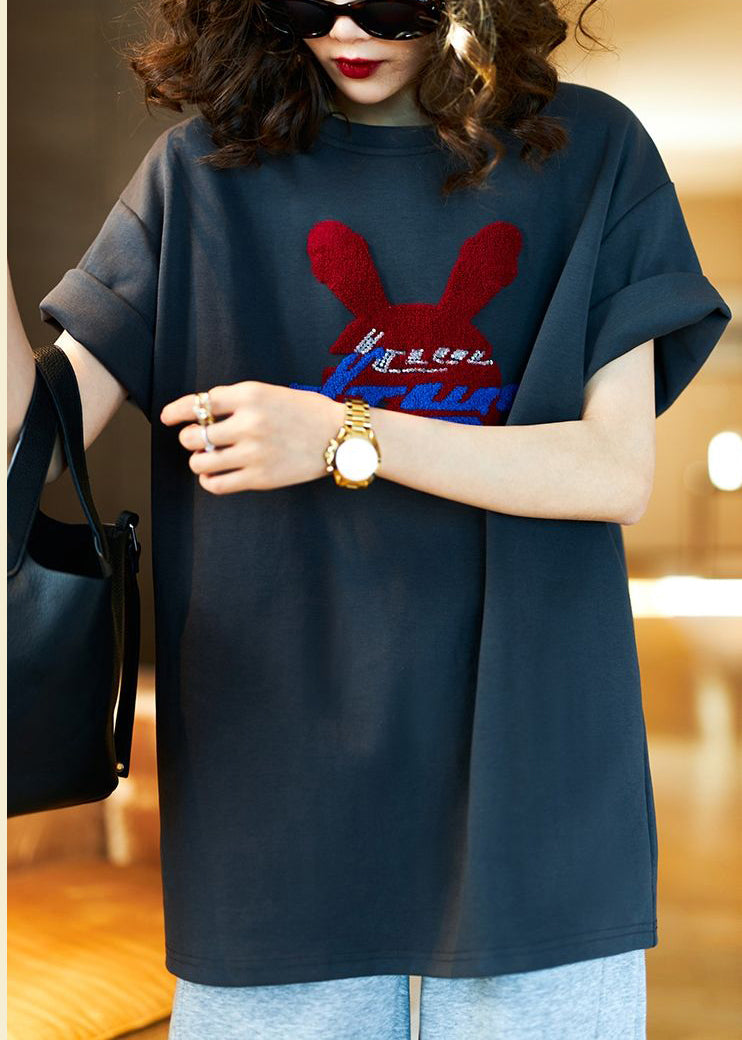 Dark Gray O Neck Print Cotton T Shirt Short Sleeve