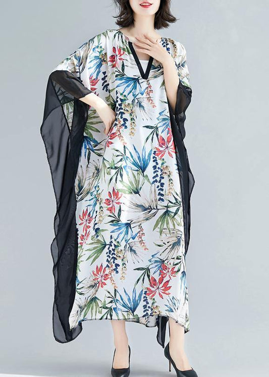 Flowy V Neck Patchwork Chiffon Outfit Online Shopping White Print Kaftan Dresses Summer