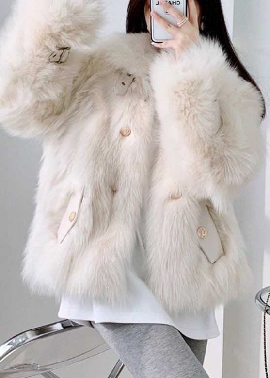Beige Square Collar Neck Tie Leather and Faux Fur Coat Winter