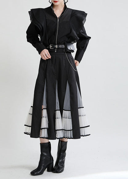 White Zip Up Patchwork Ruffled Cotton Shirt Top Fall