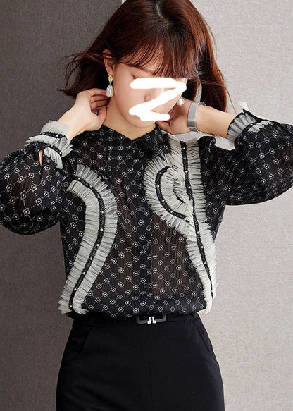 Black Stand Collar Ruffled Patchwork Print Chiffon Shirts Long Sleeve