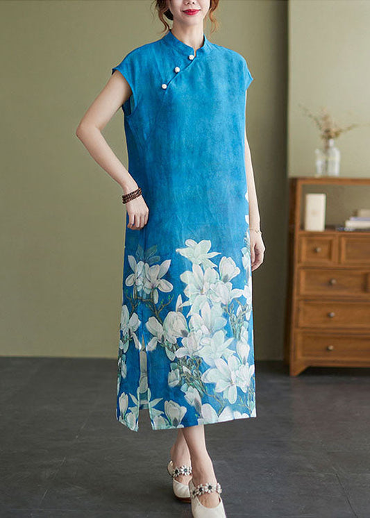 Blue Mandarin Collar Print Side Open Cheongsam Dresses Short Sleeve