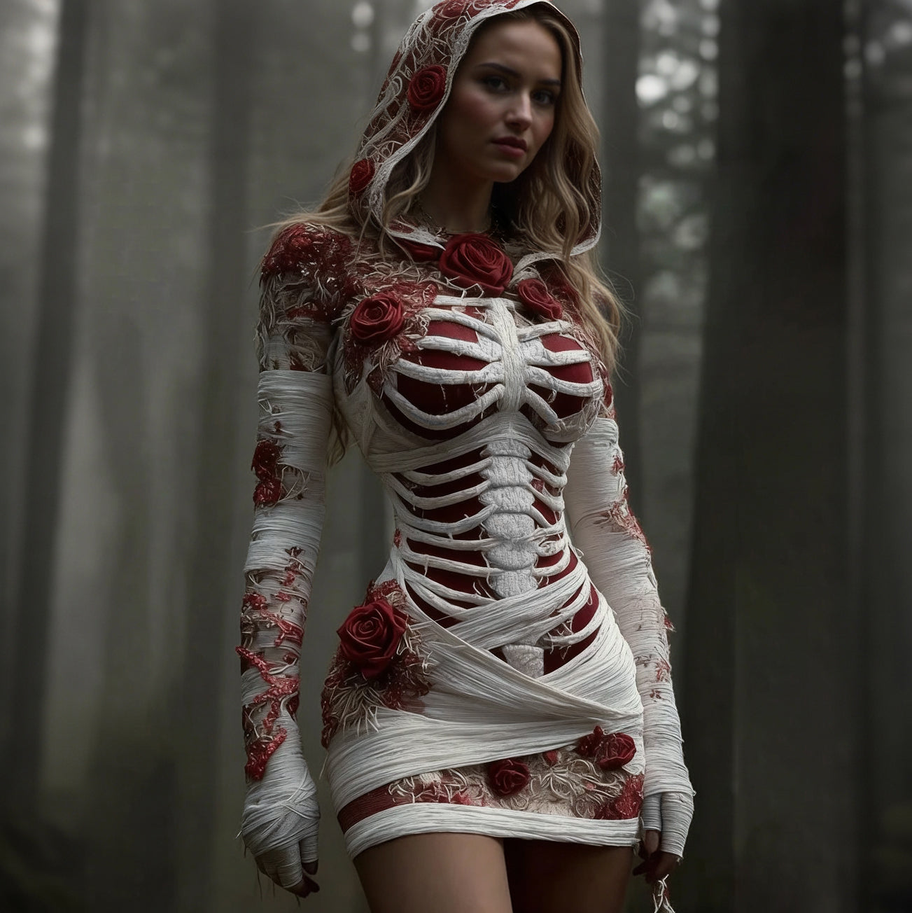Comstylish Women's Vintage Red Rose Skeleton Art Knit Hooded Mini Sweater Dress