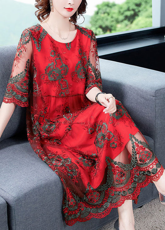 Red O-neck Embroideried Tulle Vacation Dress Half Sleeve