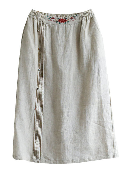 Beige Embroideried Pockets Patchwork Cotton Skirts Summer