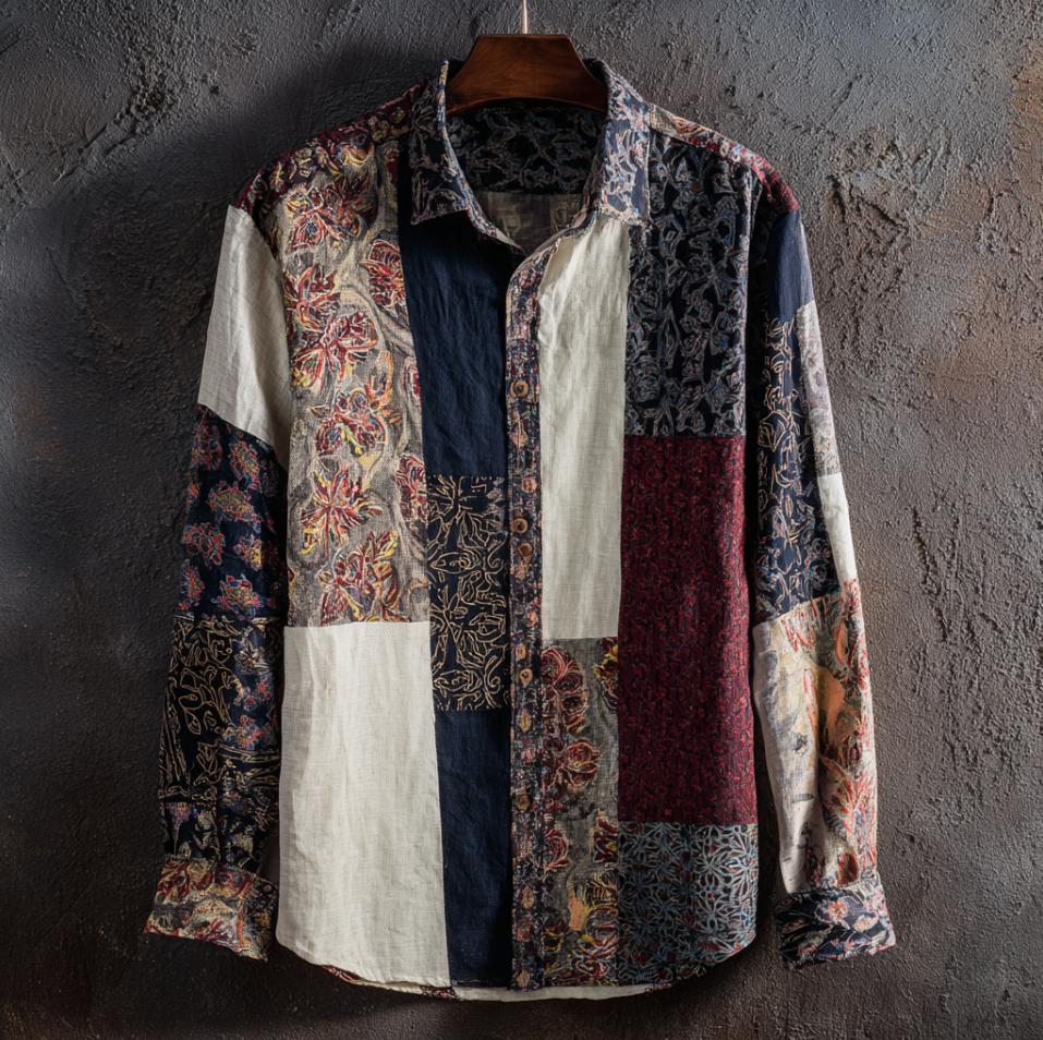 Western Style Bohemian Plant Flower Pattern Color Block Patchwork Retro Cotton And Linen Men's Shirt elevenforest