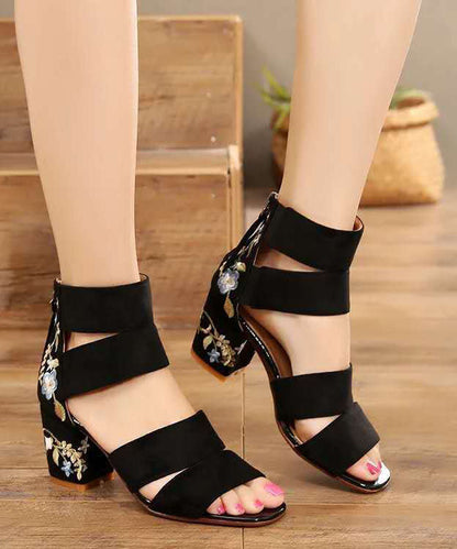 Splicing Peep Toe Chunky Sandals Black Velour Embroidery