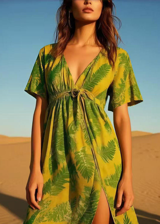 Grass Green Leaf Print Cotton Dress Asymmetrical Design Summer