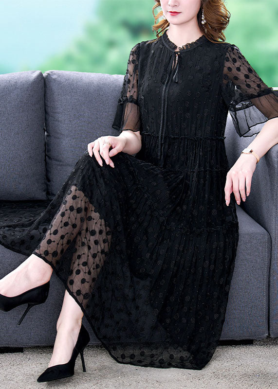 Black Embroidered Hollow Out Lace Long Dress Summer