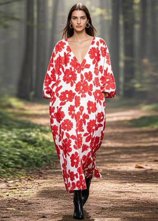 Red V Neck Print Pockets Silk Long Dresses Spring