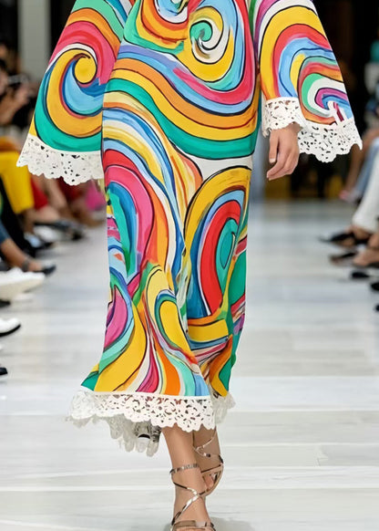 Rainbow Print Patchwork Lace Chiffon Dress Summer