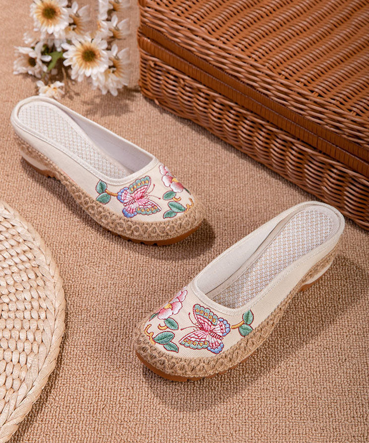 Beige Butterfly Embroideried Splicing Linen Fabric Slide Sandals