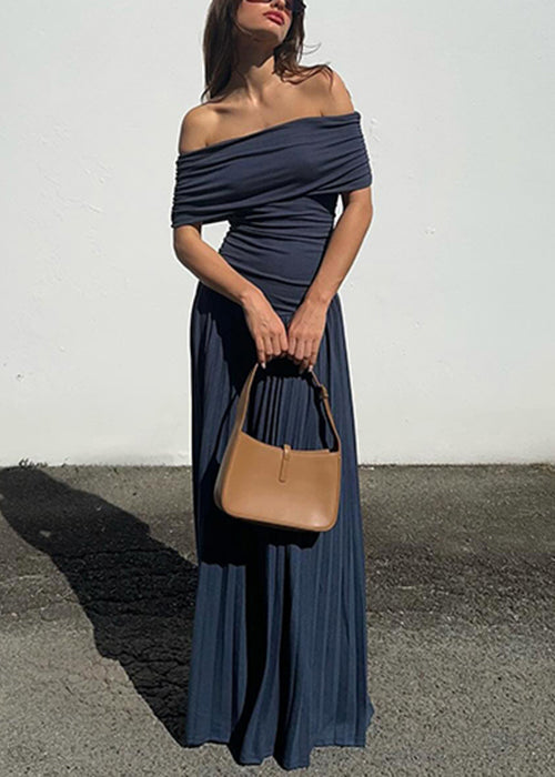Navy Wrinkled Long Dresses Slash Neck Summer