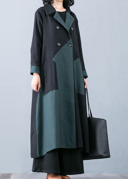 New Long Coat Fall Jacket Green Patchwork Double Breast Coats
