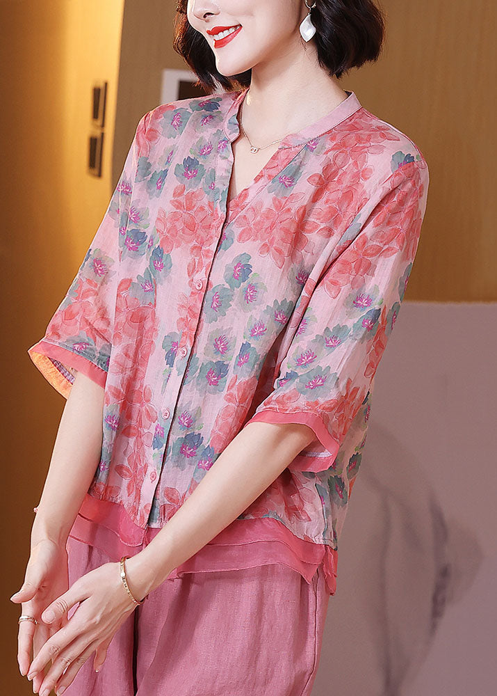 Pink V Neck Print Patchwork Linen Shirt Top Summer